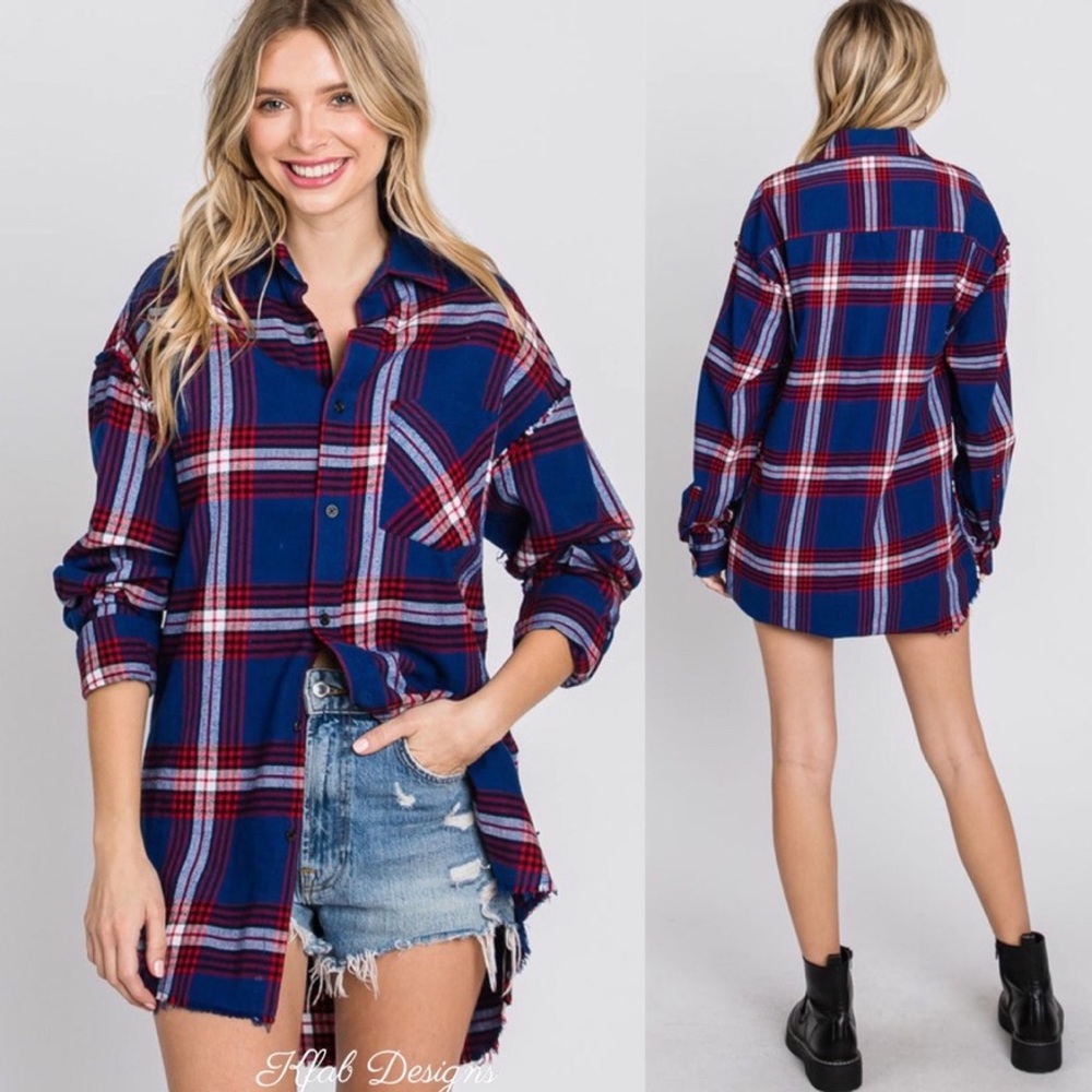 *NEW* Multicolored Plaid Longline Cotton Button Down Shirt / Size Medium
